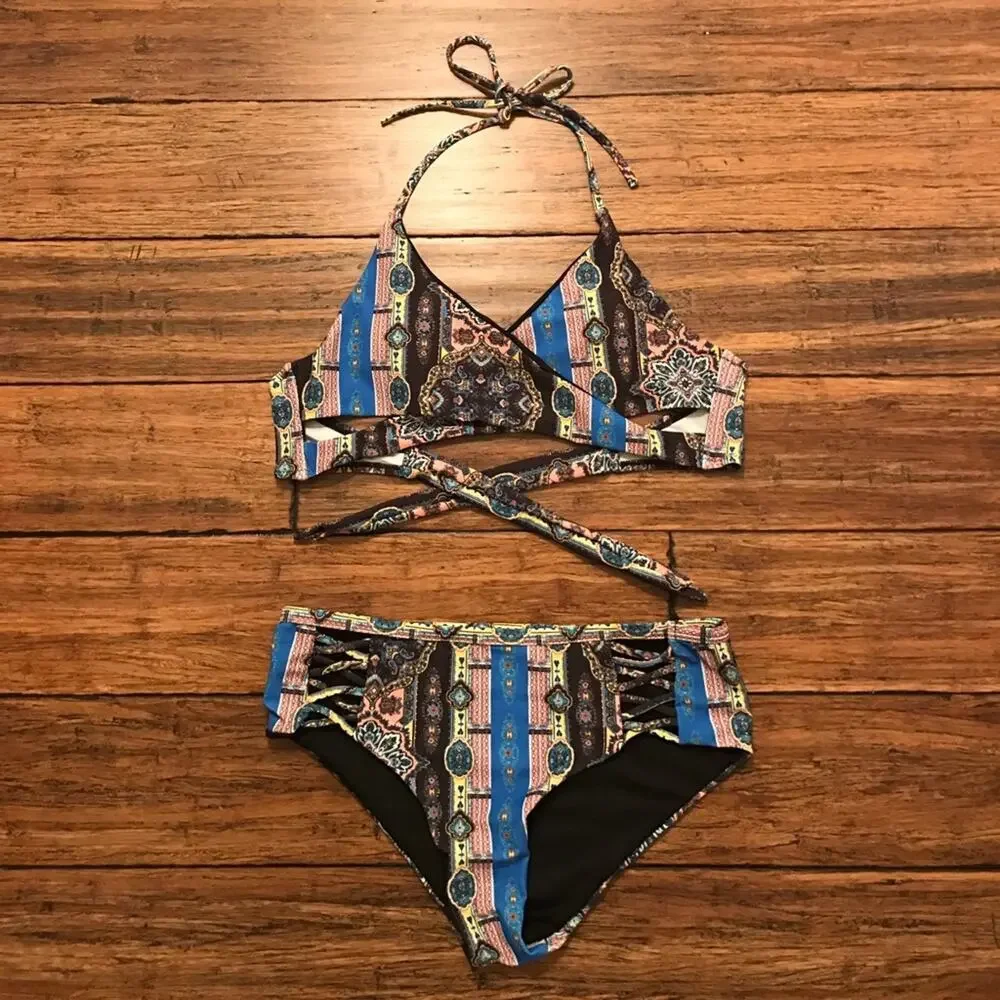 Tribal Print Criss Cross Bikini Cutout Two Piece Swimsuit Boho Beach